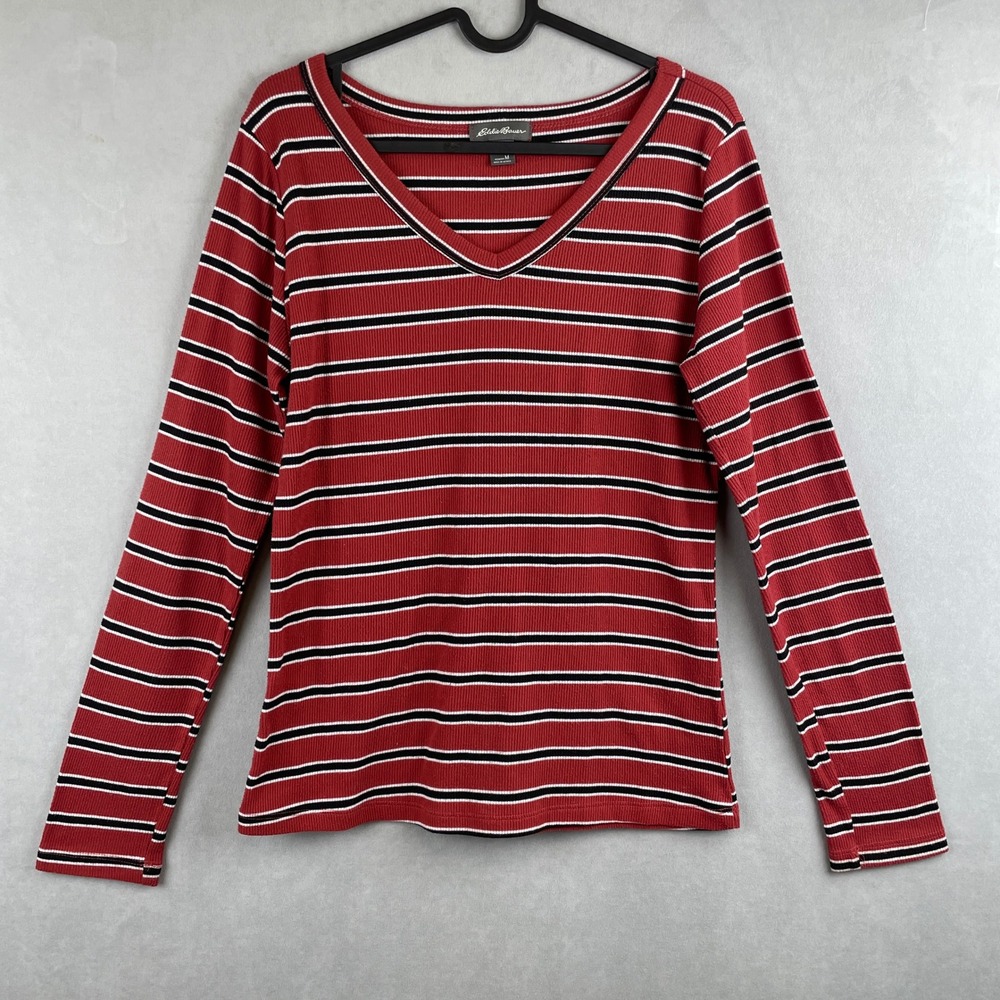 Eddie Bauer Womens Red Stripe Ribbed Stretch V-Neck Y2K Long Sleeve Top M Autumn